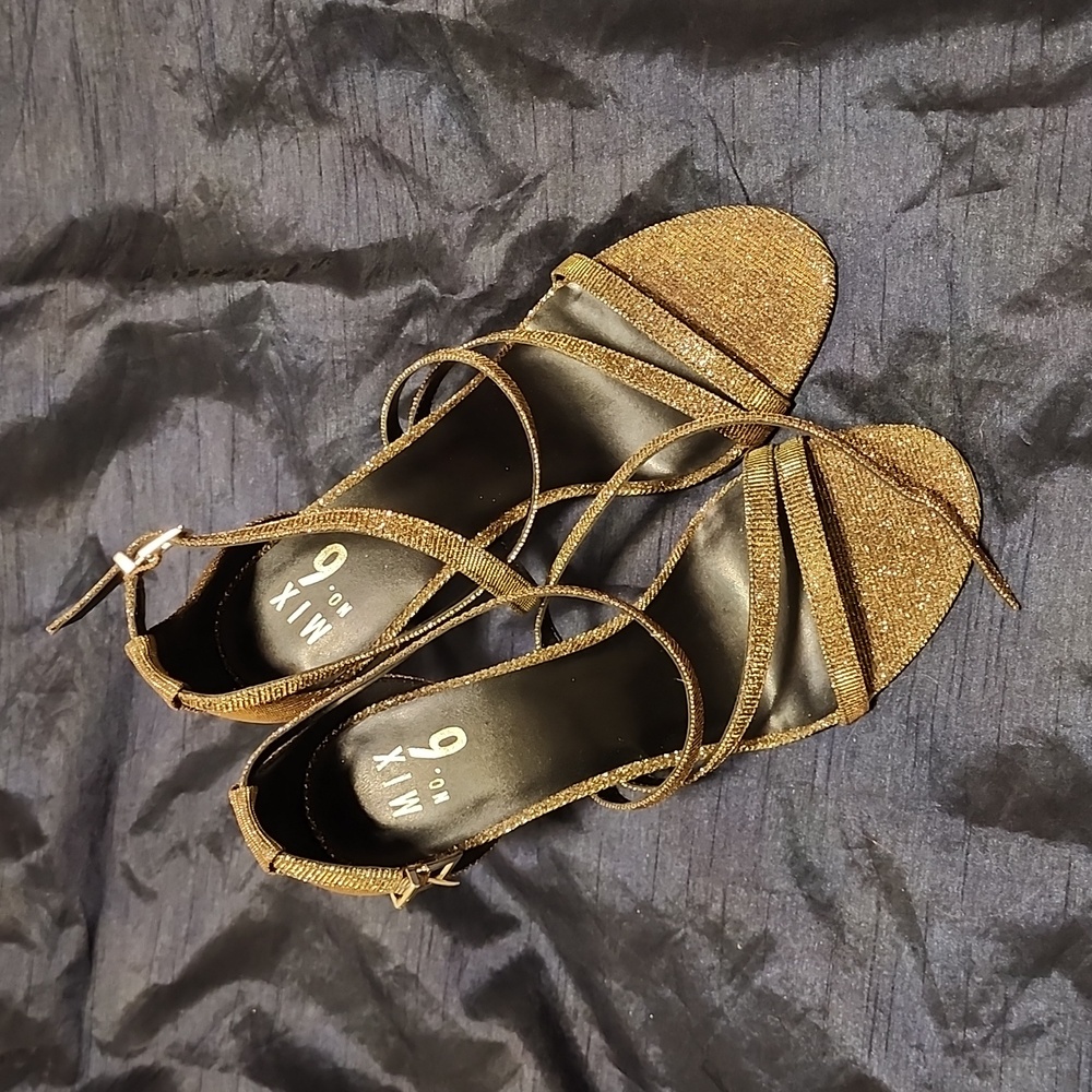MIX NO.6 SHINY COPPER BLACK OPEN SANDAL HEEL STRAPPY SZ 9